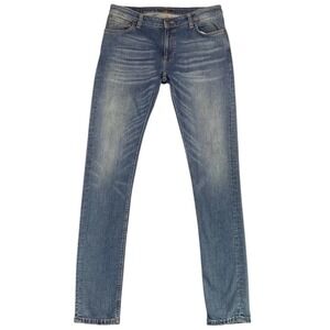 Nudie Jeans Mens 33x34 Skinny Lin Worn Wash Stretch Zip Fly Organic Cotton
